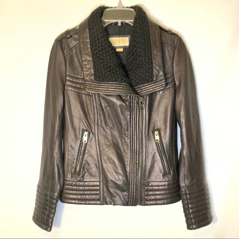 Michael Kors Leather Moto Jacket in Black Size M